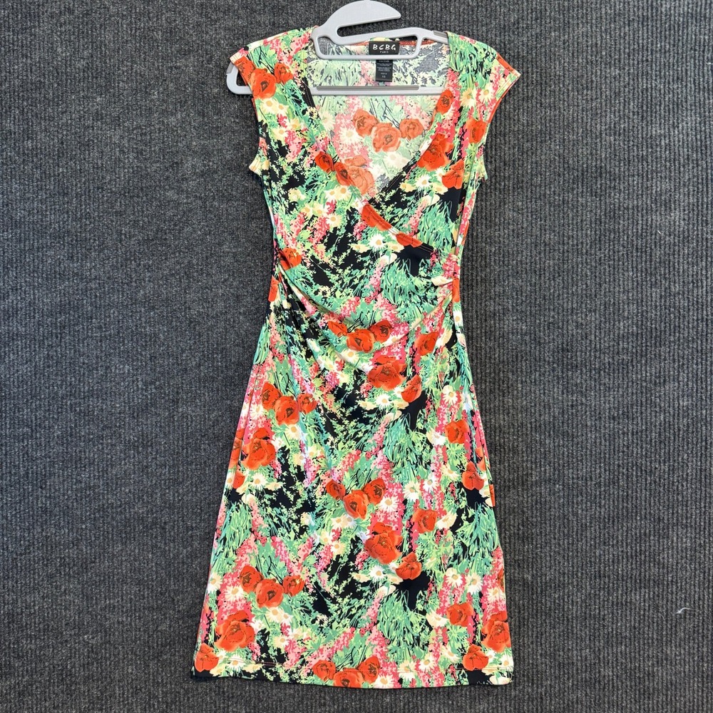 BCBG Paris Floral Poppy Print Faux Wrap Dress Womens XS